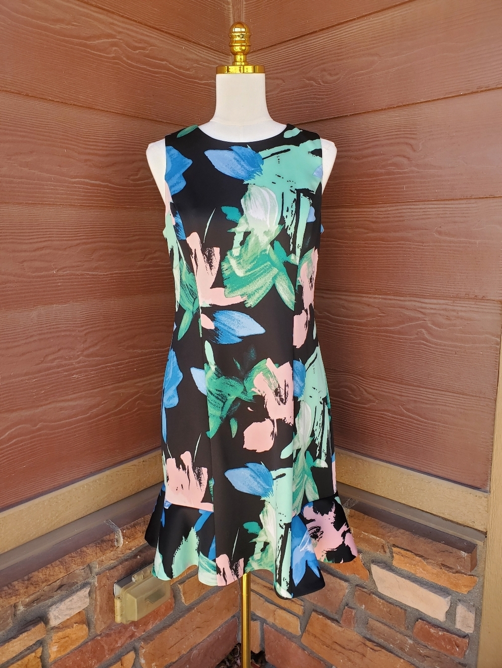 Vince Camuto Floral Scuba Ruffle Sleeveless Sheath Mini Dress Women's Size 10 - Picture 13 of 16